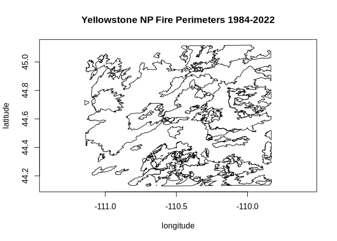 A plot of fire perimeters in Yellowstone National Park during 1984 to 2022. The plot has black linework on white background. The coordinate system is geographic, with longitude on the x axis and latitude on the y axis.